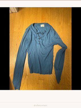 Nation LTD Dusty Blue Ribbed Lace-Up Long Sleeve Top Size M | V-Neck |